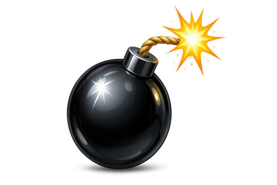 Classic round black bomb with burning fuse, isolated on transparent background, representing danger and explosion