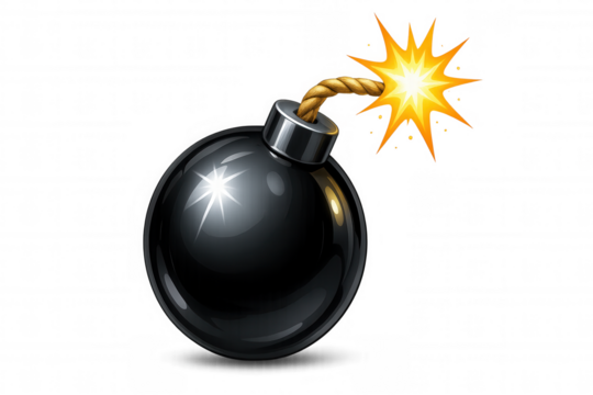 Classic round black bomb with burning fuse, isolated on transparent background, representing danger and explosion