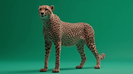 A cheetah standing in front of a green background looking forward with a serious expression green screen animal video - Powered by Adobe