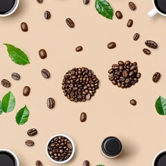 Obraz premium Specialty coffee beans and brewing tools arranged in circles on a warm earthy toned background