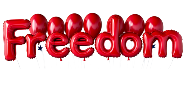 Red Balloons Forming the Word Freedom on a White Background, cut out transparent