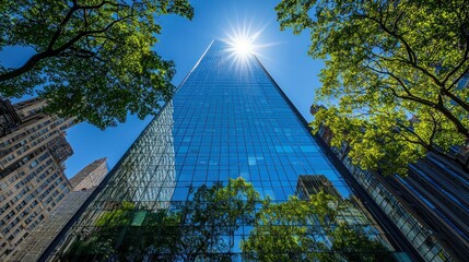 Modern Glass Skyscraper Reflecting Trees and Sky