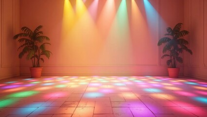 Pastel Room Disco Floor Palm Plants Colorful Lights