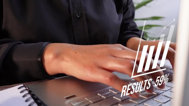 Close-up of a professional woman interacting with her computer with a progressive fill icon of a chart with a tracking number. Results