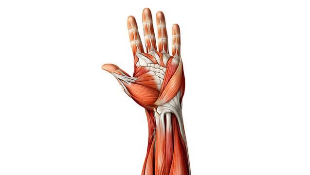 Detailed anatomical illustration of the human hand and forearm muscles