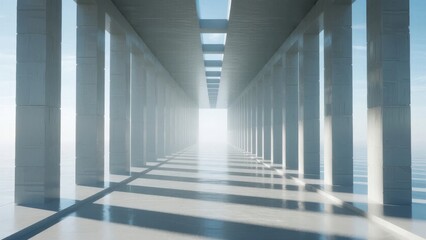 Fototapeta premium Modern colonnade corridor with symmetrical columns and a bright light at the end