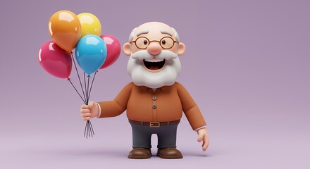 Cartoon elderly man holding balloons