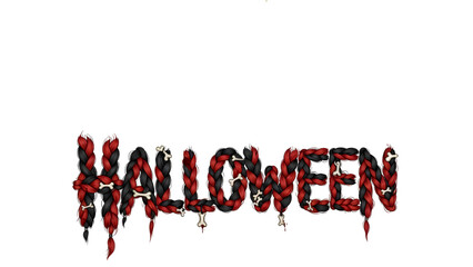 Scary Halloween Text Design Made of Black and Red Braided Hair with Bones, Creepy Horror Typography, Spooky Decorative Letters for Halloween Party Invitation, Dark Gothic Fantasy Lettering Illustratio