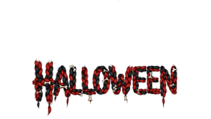 Scary Halloween Text Design Made of Black and Red Braided Hair with Bones, Creepy Horror Typography, Spooky Decorative Letters for Halloween Party Invitation, Dark Gothic Fantasy Lettering Illustratio