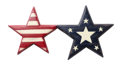 Two Textured Wooden Stars with Patriotic Americana Design on White Background, cut out transparent