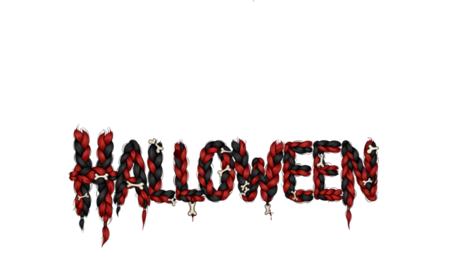 Scary Halloween Text Design Made of Black and Red Braided Hair with Bones, Creepy Horror Typography, Spooky Decorative Letters for Halloween Party Invitation, Dark Gothic Fantasy Lettering Illustratio