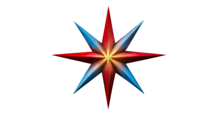 Eight Pointed Star Shape with Red and Blue Points and Golden Center, cut out transparent