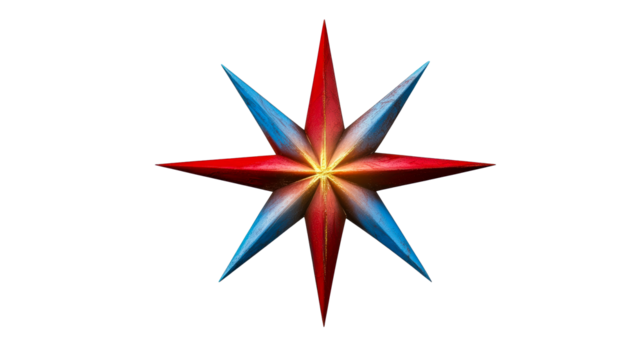 Eight Pointed Star Shape with Red and Blue Points and Golden Center, cut out transparent