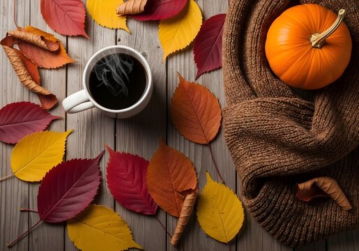 Cozy autumn scene: steaming coffee, pumpkin, leaves, and warm scarf on rustic wood.