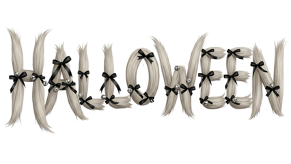 Halloween Typography Made of White Hair Strands with Black Ribbons and Silver Bells – Creative and Spooky Lettering Design 