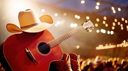 Obraz premium Country Music Concert: Guitar, Cowboy Hat, and Boots