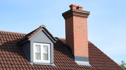 one large red brick chimney on a brown tiled roof of a private gray house with a window against the sky