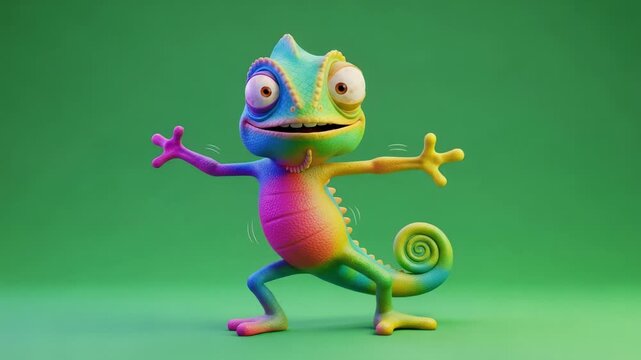 Animated chameleon character showcasing vibrant colors against a seamless green backdrop playfully