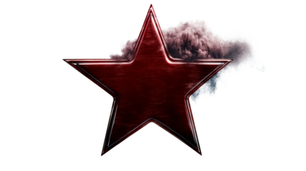 Deep red metallic five-pointed star with wisps of dark smoke, cut out transparent