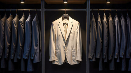 White suit jacket hanging in wardrobe with other suits
