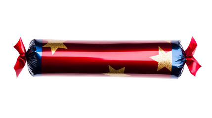 Sparkling Festive Christmas Cracker with Red Bow and Gold Stars on White, cut out transparent