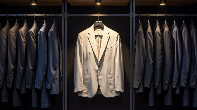 White suit jacket hanging in wardrobe with other suits

