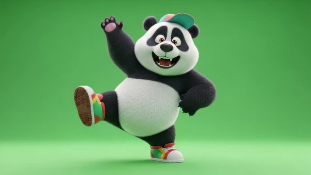 Animated panda character cheerfully dancing and waving against a solid green screen background