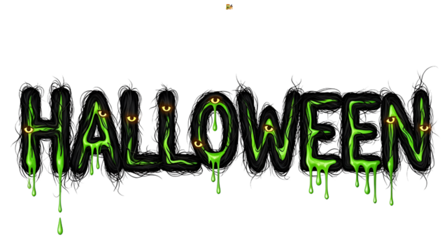 Creepy Halloween Typography with Green Slime Drips, Black Hair Strands, and Glowing Yellow Eyes Spooky Horror Text Design
