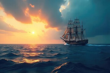 Fototapeta premium A lone, majestic ship sails across a vast, deep blue ocean under a dramatic sky, embodying leadership and navigating the unknown , vessel, current, navigation