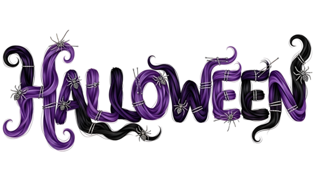 Halloween Typography in Purple and Black Hair Strands with Spiders – Spooky Creepy Text Design for Party Invitations, Posters, Haunted House Decorations, and Scary Seasonal Holiday Graphic Elements
