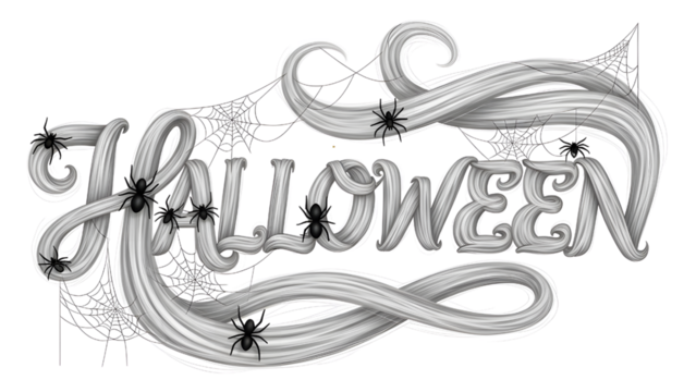 Elegant Halloween Lettering with White Hair-Like Script, Black Spiders, and Spider Webs – Festive Decorative Typography for Halloween Design, Party Invitations and Digital Art Projects