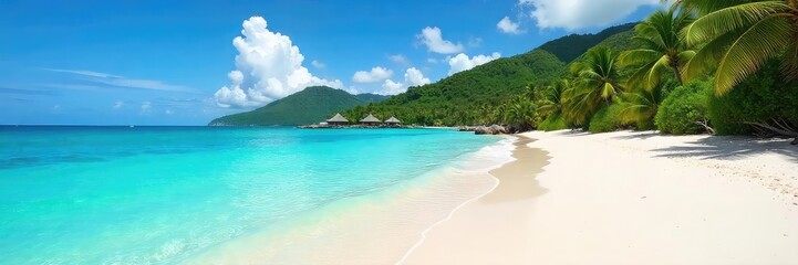 Fototapeta premium Pristine Tropical Island Beach Turquoise Waters Lap Gently on White Sand, Lush Green Paradise Escape
