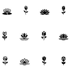 Elegant collection of lotus and rose silhouettes isolated on white background This image presents a beautiful collection of lotus and rose silhouettes, each carefully designed and set against