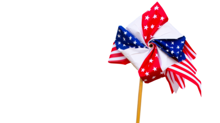 Patriotic pinwheel with American flag motif on white background, cut out transparent