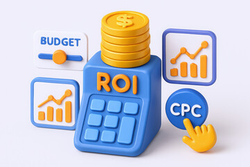 Colorful 3D rendering of a calculator for ROI with graphs, budget slider, and CPC icon in a modern design.