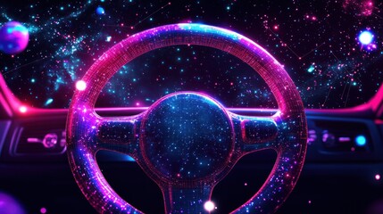Futuristic car steering wheel, cosmic glow
