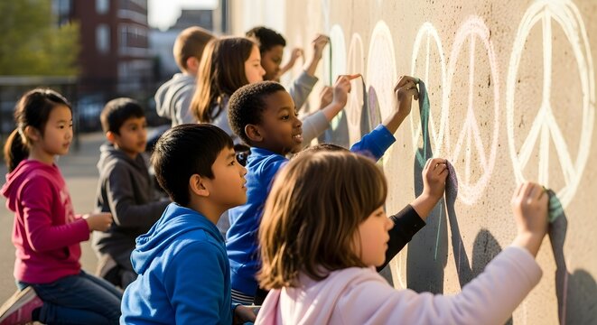 Young artists united for peace, a diverse group of children drawing chalk symbols on an outdoor wall. - Powered by Adobe
