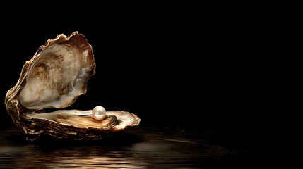 Naklejka premium A single, radiant pearl rests in the center of a beautiful, glistening oyster shell on a black, reflective surface.