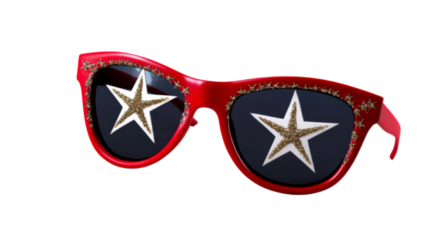 Red Sunglasses with Glittering Stars and White Star Reflection, cut out transparent