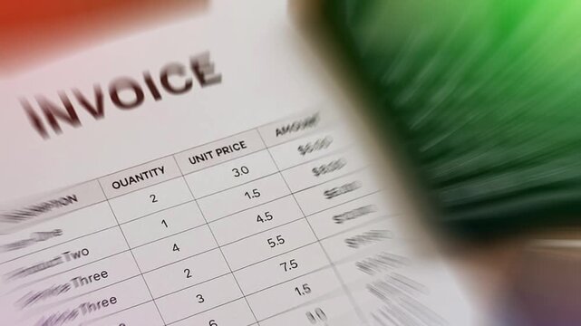 Financial accounting blurred scene with invoice, calculator, and pen in office