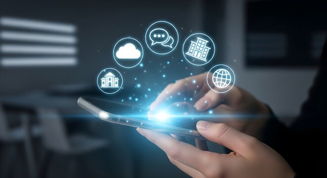 Woman using a smartphone with glowing digital icons for social media, global communication, and cloud computing, symbolizing modern business technology and connectivity - Powered by Adobe