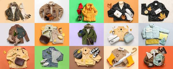 Collage of stylish warm coats with accessories on color background, top view