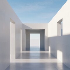 Obraz premium Modern minimalist architecture with white walls and open doorway leading to a serene view of the sea under a clear blue sky.