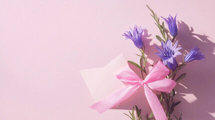 Fototapeta premium Pink background with purple flowers and a pink ribbon tied bow on a blank note