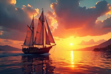 Fototapeta premium Classic wooden sailboat gracefully gliding on calm waters at sunset, masts silhouetted against the fiery sky A timeless image of nautical elegance and adventure , sailboat, history, rigging