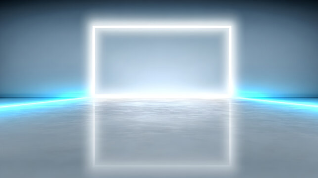 A bright, empty, futuristic room with a glowing rectangular light portal on the back wall and a reflective floor.
