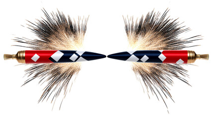 Two stylized projectiles with glowing embers and sparkling trails facing each other, cut out transparent