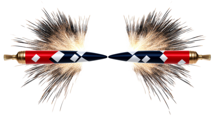 Two stylized projectiles with glowing embers and sparkling trails facing each other, cut out transparent