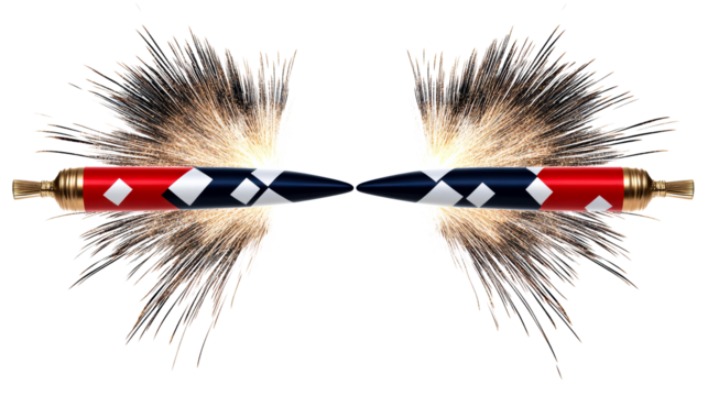 Two stylized projectiles with glowing embers and sparkling trails facing each other, cut out transparent