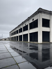 Abandoned building, grey sky, empty lot, cracked asphalt, commercial real estate